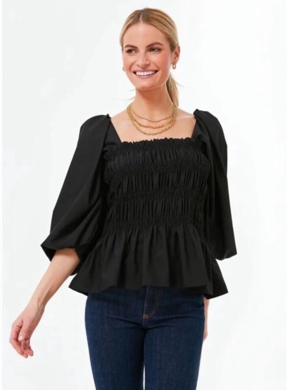 Tuckernuck Pomander Place Annabelle Top L Black Smocked Peplum Puff Sleeve NWT